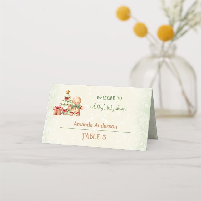Classic Gingerbread Christmas Baby Shower Tent Place Card (Front)