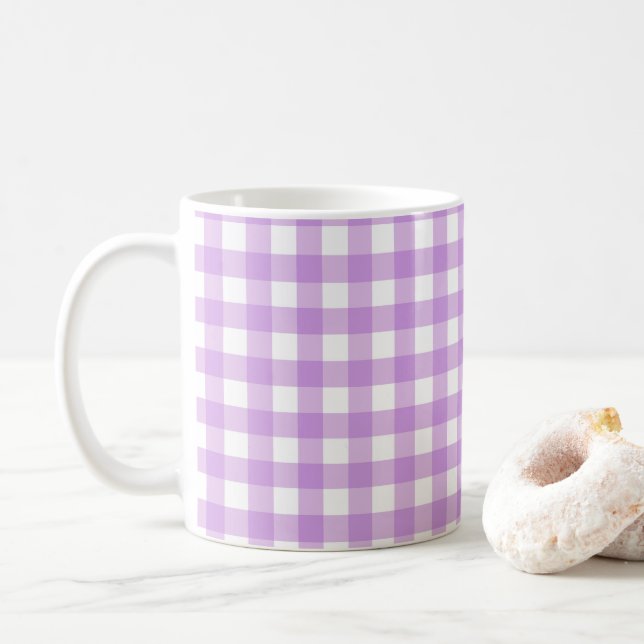 Classic Gingham Check Plaid Pattern Lilac Coffee Mug (With Donut)