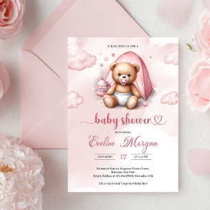 Classic girl baby shower invitation teddy bear