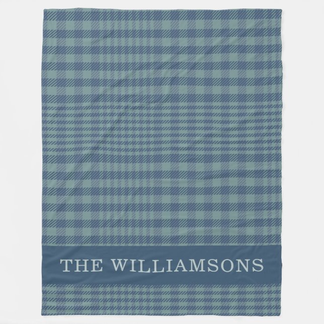 Classic Glen Plaid Grey Blue Family Name Custom Fleece Blanket (Front)