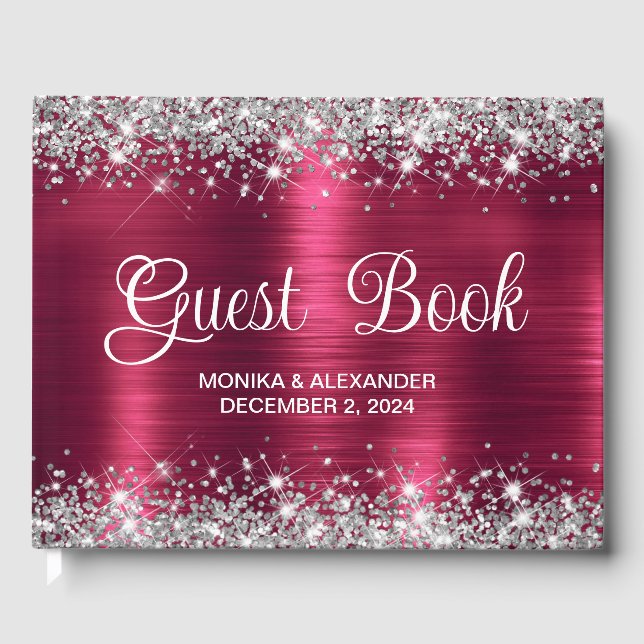 Classic Glittery Burgundy  Foil Wedding Guest Book (Front)