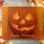 Classic Glowing Carved Pumpkin Jigsaw Puzzle<br><div class="desc">This Halloween puzzle is ready for you to personalise with your own text caption if desire.. Created with a photo of a classic grinning carved jack'o'lantern pumpkin in vivid orange and yellow colours.</div>