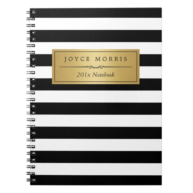 Classic Gold and Elegant Black White Stripes Spiral Notebook (Front)