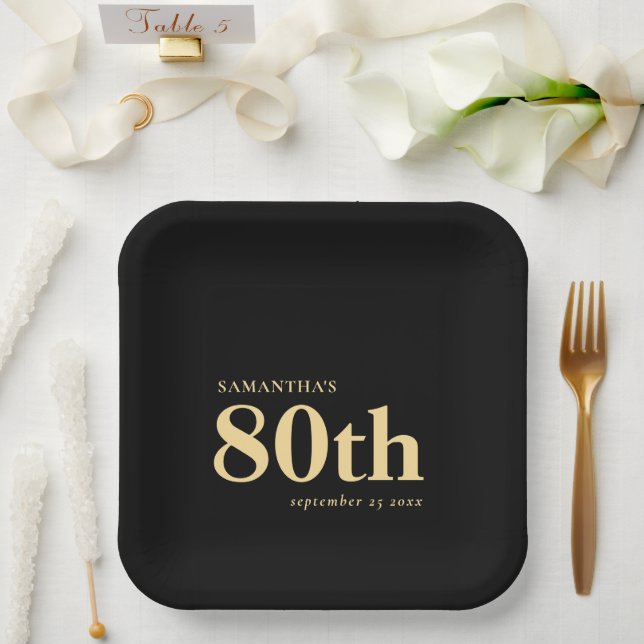 Classic Gold Black Custom Text 80th Name Date  Paper Plate (Wedding)
