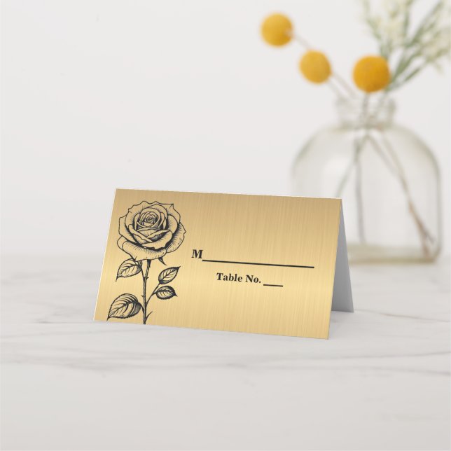 Classic Gold Black Rose Place Cards (Front)