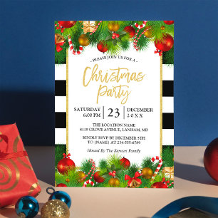 Classic Gold Black White Stripes Christmas Party Invitation