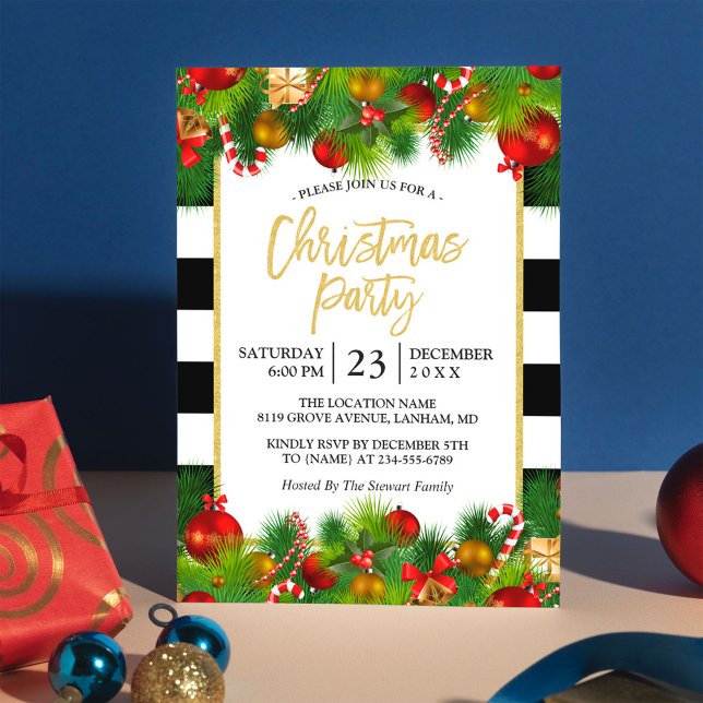 Classic Gold Black White Stripes Christmas Party Invitation (Creator Uploaded)
