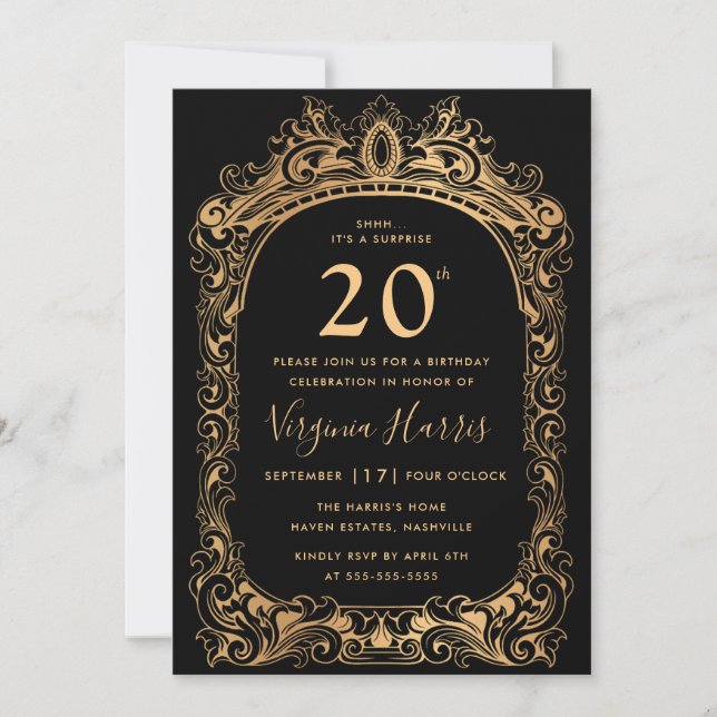 Classic Gold Border Black Twenty 20th Birthday Invitation (Front)
