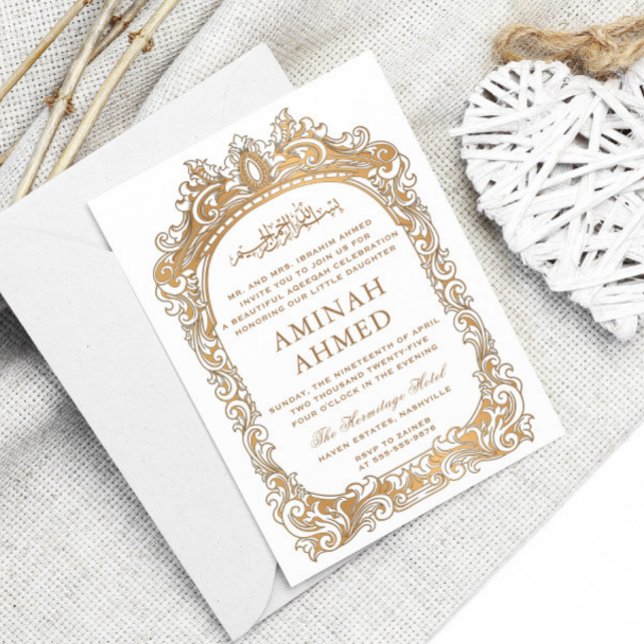 Classic Gold Border Islamic Aqiqa Aqeeqa Baby Invitation (Creator Uploaded)