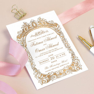 Classic Gold Border White Islamic Muslim Wedding Invitation