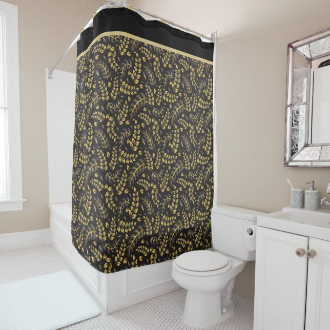 Classic Gold Bronze Leaves on Black Shower Curtain (In Situ)