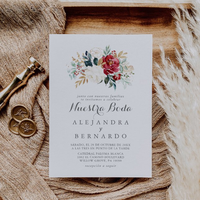 Classic Gold Burgundy Floral Nuestra Boda Wedding Invitation (Creator Uploaded)