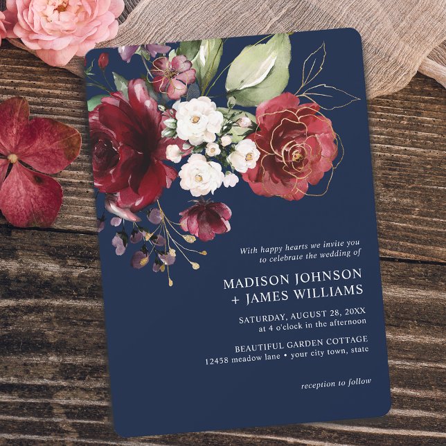 Classic Gold Burgundy Watercolor Floral Wedding Invitation (Classic Gold Burgundy Watercolor Floral Wedding Invitation)