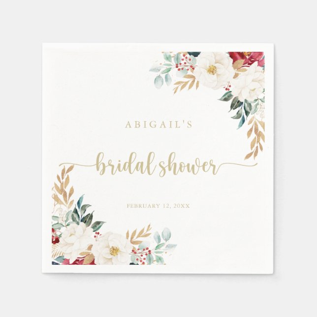 Classic Gold Burgundy White Floral Bridal Shower Napkin (Front)