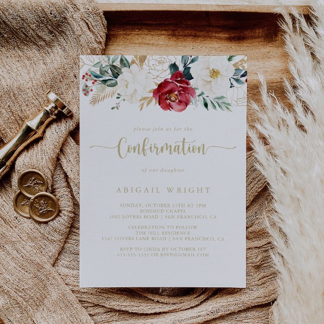 Classic Gold Burgundy White Floral Confirmation   Invitation (Creator Uploaded)