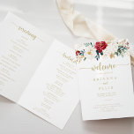 Classic Gold Burgundy White Floral Folded Wedding  Programme<br><div class="desc">This classic gold burgundy white floral folded wedding program is perfect for a rustic wedding. The design features watercolor white,  burgundy and gold flowers and berries with green foliage arranged into elegant bouquets.

Include a quote or short message,  order of service,  wedding party and thank you message.</div>