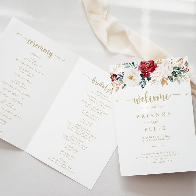 Classic Gold Burgundy White Floral Folded Wedding  Programme (Creator Uploaded)