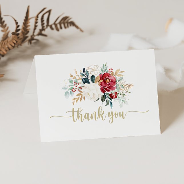 Classic Gold Burgundy White Floral Folded Wedding  Thank You Card (Creator Uploaded)