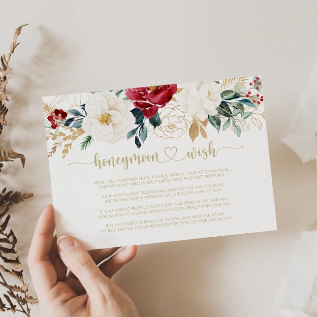 Classic Gold Burgundy White Floral Honeymoon Wish  Enclosure Card (Creator Uploaded)