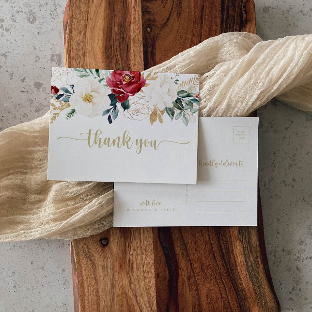 Classic Gold Burgundy White Floral Thank You  Postcard (Creator Uploaded)