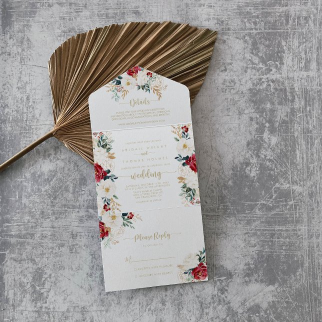 Classic Gold Burgundy White Floral Wedding  All In One Invitation (Creator Uploaded)