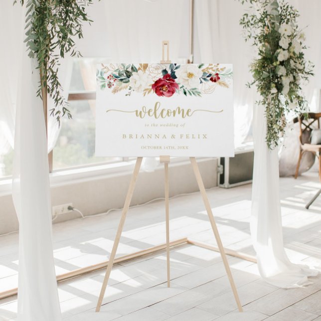 Classic Gold Burgundy White Floral Wedding Welcome Poster (Creator Uploaded)