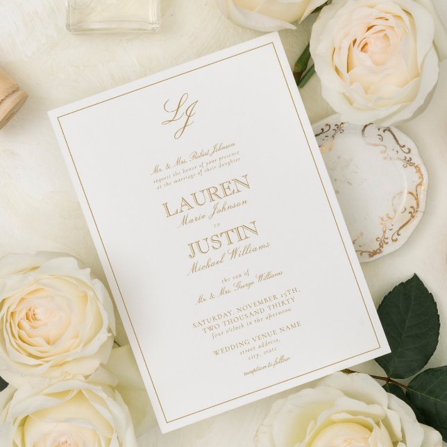 Classic Gold Calligraphy Script Monogram Wedding Invitation (Creator Uploaded)