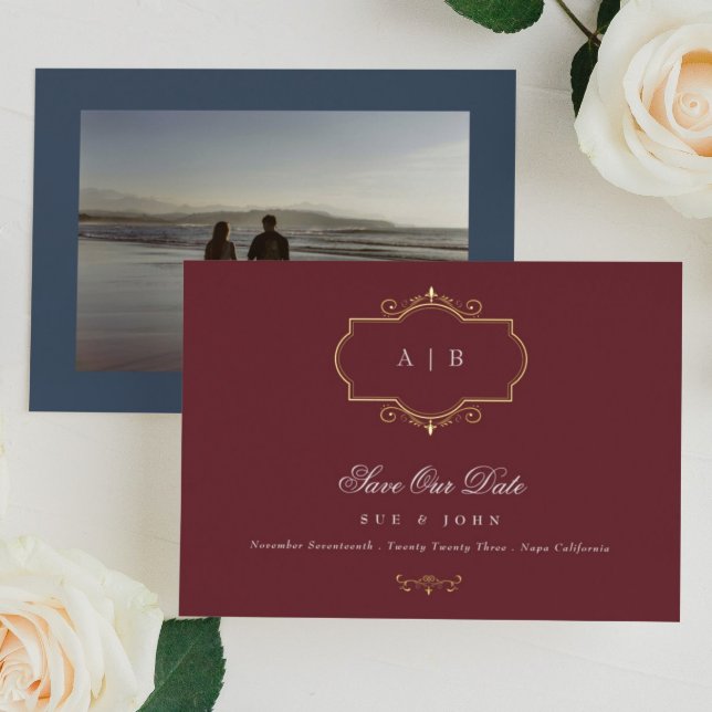 classic gold crest burgundy navy save the date (Creator Uploaded)