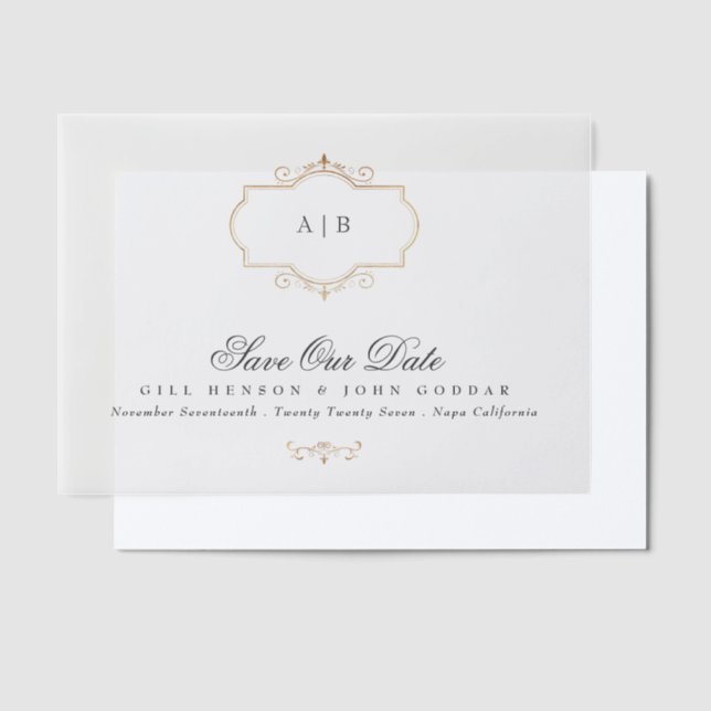 classic gold crest monogram formal save the date vellum invitations (Offset)
