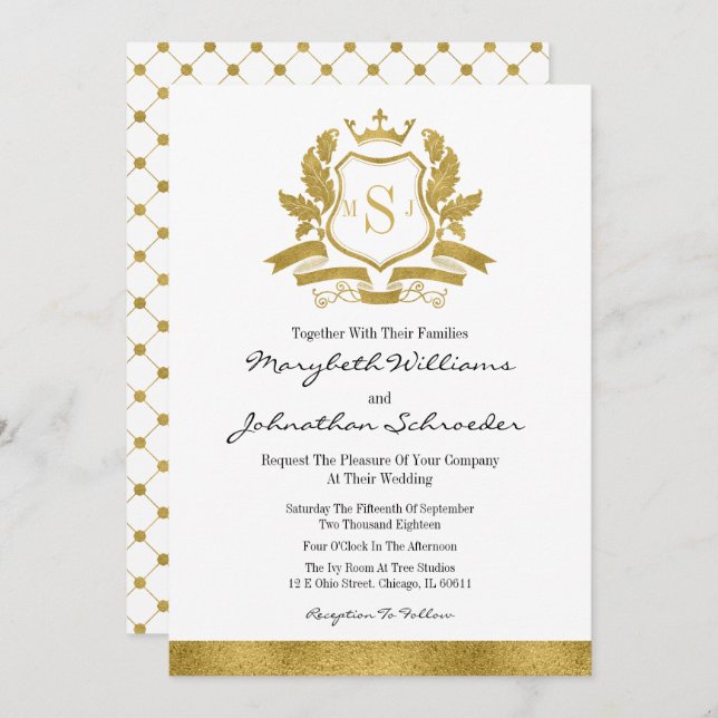 Classic Gold Crest Wedding Invitation Card (Front/Back)