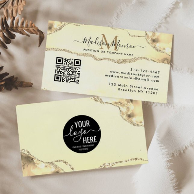 Classic Gold Custom Logo QR Code Agate Monogram Business Card (Creator Uploaded)