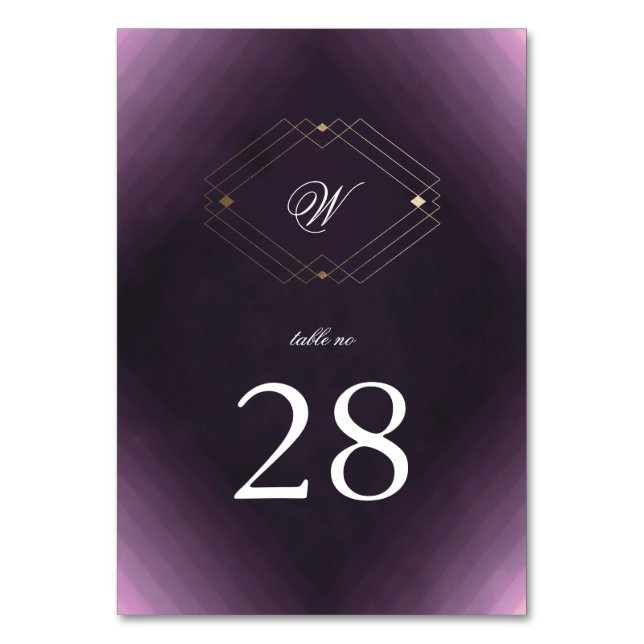 Classic Gold Deco Purple Calligraphy Monogram Table Number (Front)