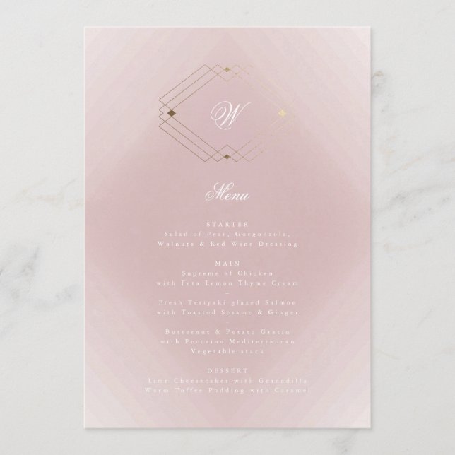 Classic Gold Dusty Rose Pink Monogram Wedding Menu (Front)