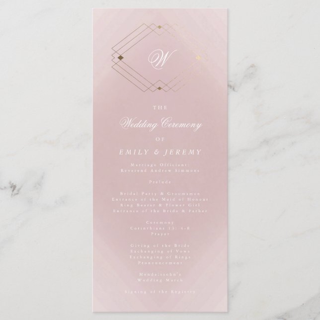 Classic Gold Dusty Rose Pink Monogram Wedding Programme (Front)