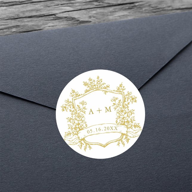 Classic Gold Floral Crest Monograms Round Sticker (Creator Uploaded)