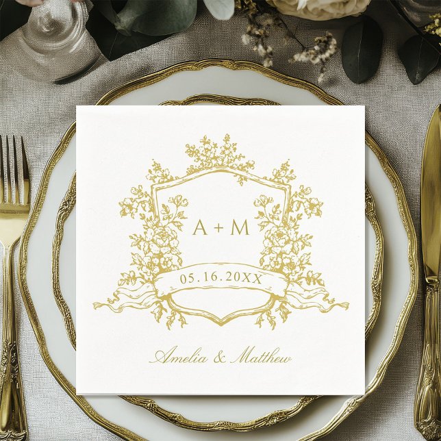 Classic Gold Floral Crest Monograms Wedding Napkin (Creator Uploaded)