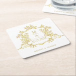 Classic Gold Floral Crest Monograms Wedding  Square Paper Coaster<br><div class="desc">CHANGEABLE FRAME & TEXT COLOR | Classic gold floral crest wedding paper coaster with monograms,  perfect for a modern classic or romantic vintage wedding. For more advanced customisation of this design,  please click the BLUE DESIGN TOOL BUTTON above! Matching items are also available.</div>