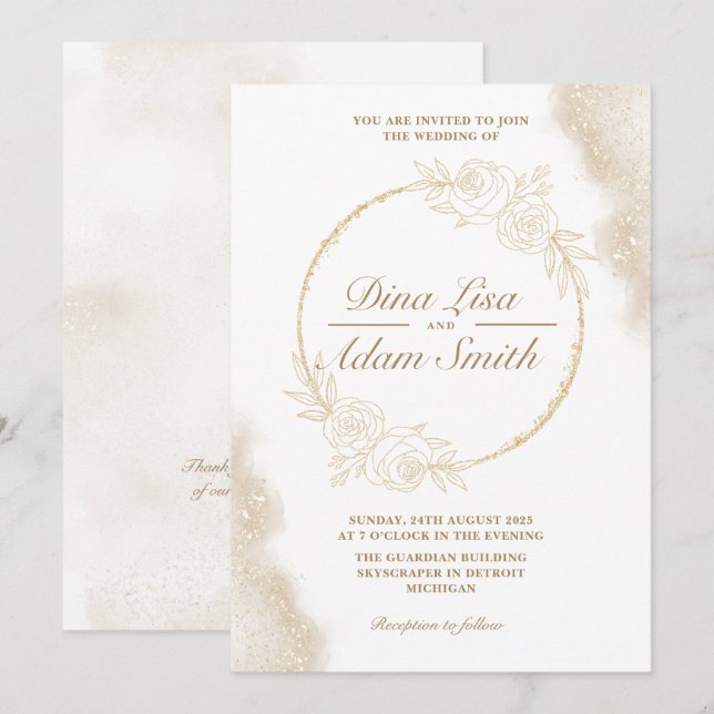 Classic Gold Floral Elegant Chic Wedding Invitation (Front/Back)