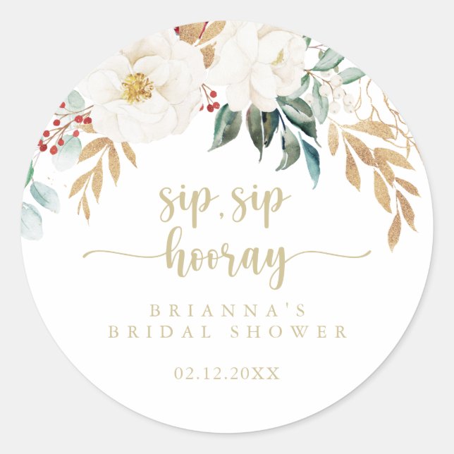 Classic Gold Floral Sip Sip Hooray Bridal Shower  Round Sticker (Front)