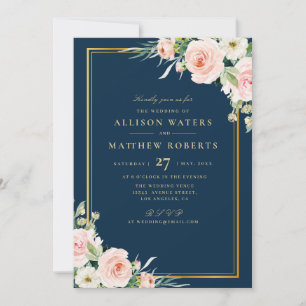 Classic Gold Frame Pink Blush Floral Navy Wedding Invitation