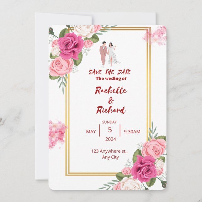 classic gold frame pink blush floral wedding  invitation (Front)