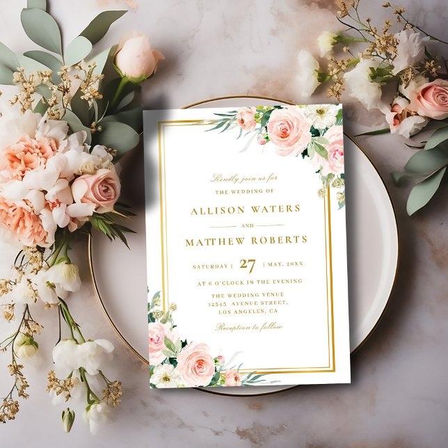 classic gold frame pink blush floral wedding invitation (Creator Uploaded)
