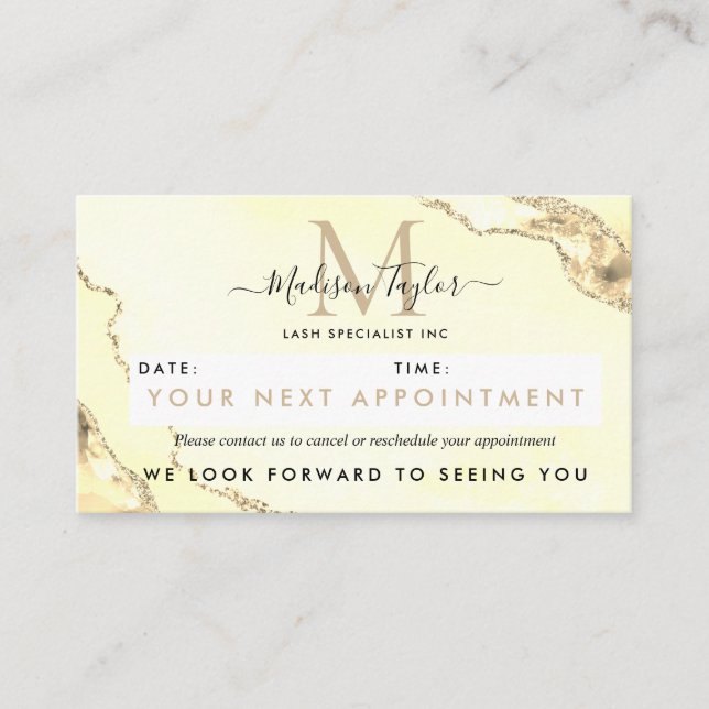 Classic Gold Glitter Agate Marble Monogram Cute Appointment Card (Front)