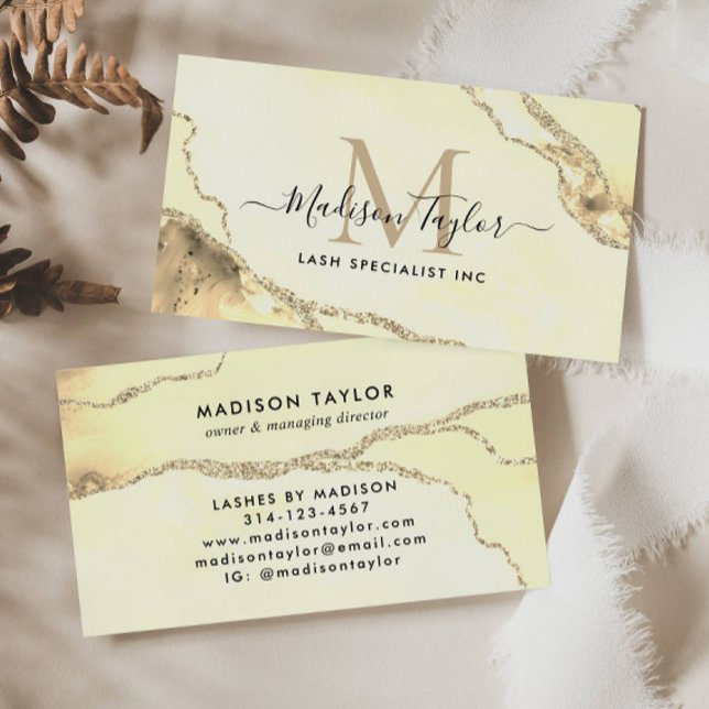 Classic Gold Glitter Marble Agate Script Monogram Business Card (Creator Uploaded)