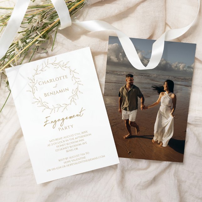 Classic Gold Greenery Photo Engagement Party Invitation (Creator Uploaded)