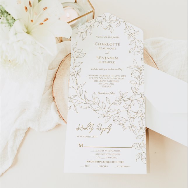 Classic Gold Greenery Wedding Entree Choice All In One Invitation (Creator Uploaded)