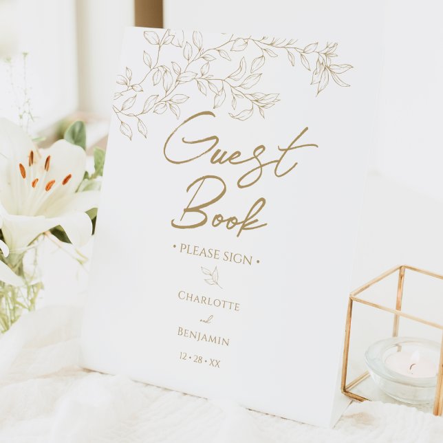 Classic Gold Greenery Wedding Guest Book Pedestal Sign (Creator Uploaded)