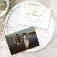 Classic Gold Greenery Wedding Photo Save the Date
