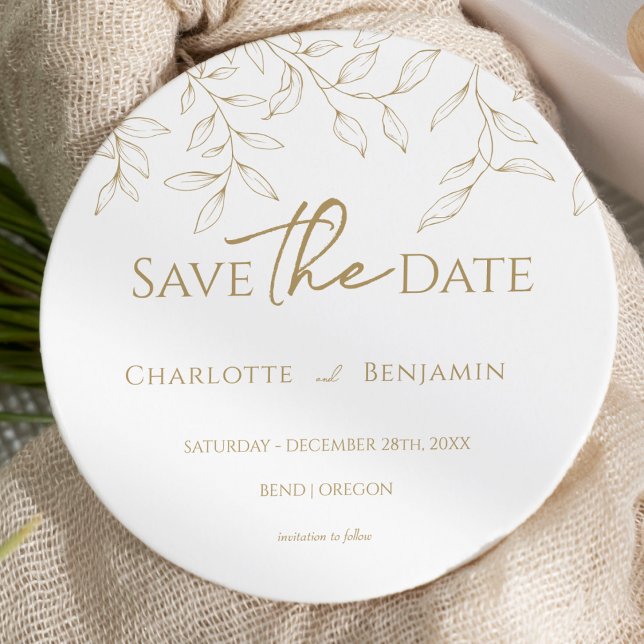 Classic Gold Greenery Wedding Round Save the Date (Creator Uploaded)