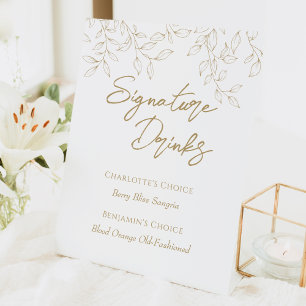 Classic Gold Greenery Wedding Signature Drinks Pedestal Sign